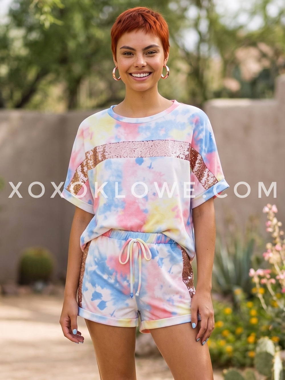 Fantastic Fawn Sequin Tie Dye Shorts Set | Sparkly 2 Piece Matching Lounge Set